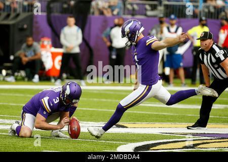 Minnesota Vikings kicker Greg Joseph (1) walks to the sidelines