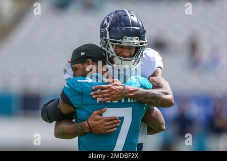 November 14, 2021: Jacksonville Jaguars wide receiver Tavon Austin (7) and  Indianapolis Colts running back Nyheim Hines (21) hug during pregame of NFL  football game action between the Jacksonville Jaguars and the