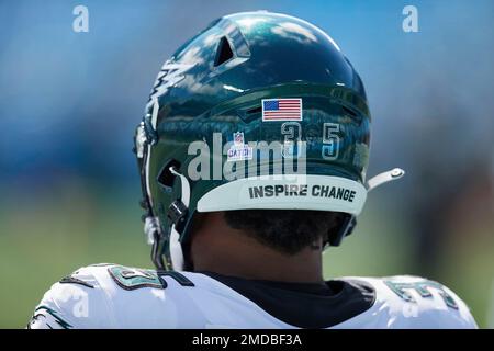 Philadelphia Eagles running back Boston Scott (35) has a Crucial Catch  sticker on his helmet during an NFL football game against the Carolina  Panthers, Sunday, Oct. 10, 2021, in Charlotte, N.C. (AP