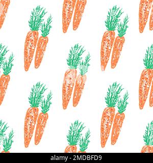 Vegetable seamless pattern. Children's drawings with wax crayons. Carrot. Print for cloth design, textile, fabric, wallpaper, wrapping paper Stock Vector