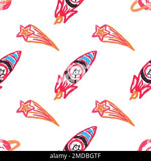 Space seamless pattern. Rockets, comets. Children's drawings with wax crayons. Print for cloth design, fabric, wallpaper, wrapping paper Stock Vector