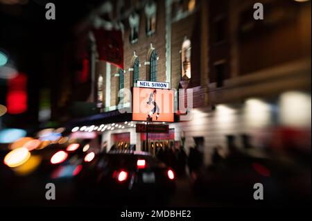 A stylized night street photo of the marquis for the hit Broadway show 'MJ' (Michael Jackson) in Manhattan at the Neil Simon Theatre. Stock Photo