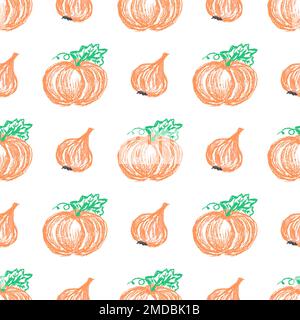 Vegetable seamless pattern. Children's drawings with wax crayons. Pumpkin. Print for cloth design, textile Stock Vector