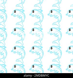 Marine seamless pattern. Dolphins. Children's drawings with wax crayons. Print for cloth design, textile, fabric Stock Vector