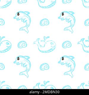 Marine seamless pattern. Dolphins. Children's drawings with wax crayons. Print for cloth design, textile, fabric, wallpaper, wrapping paper Stock Vector