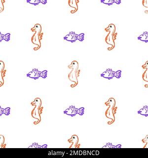 Marine seamless pattern. Children's drawings with wax crayons. Sea inhabitants. Print for cloth Stock Vector