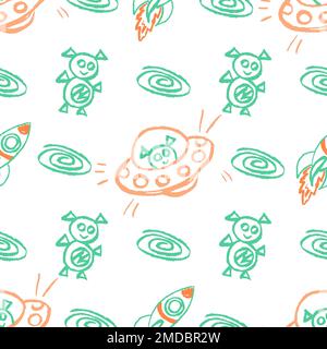 Space seamless pattern. Children's drawings with wax crayons. Rockets, ufo, galaxy. Print for cloth design, textile, fabric, wallpaper, wrapping Stock Vector