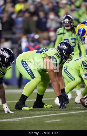 Seattle Seahawks defensive tackle Al Woods (99) reacts after a play during  an NFL football game against the Seattle Seahawks, Sunday, Sept. 18, 2022,  in Santa Clara, Calif. (AP Photo/Scot Tucker Stock