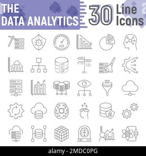 Data analytics thin line icon set, database symbols collection, vector sketches, logo illustrations, web hosting signs linear pictograms package isolated on white background, eps 10. Stock Vector