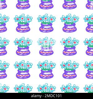 Floral seamless pattern. Flowers in a vase. Children's drawings with wax crayons. Print Stock Vector