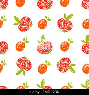 Fruit seamless pattern. Children's drawings with wax crayons. Apricots, apples. Print for cloth design, textile, fabric, wallpaper, wrapping Stock Vector