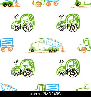 Cars seamless pattern. Truck, dump truck. Children's drawings with wax crayons. Print for cloth design, textile, fabric, wallpaper Stock Vector