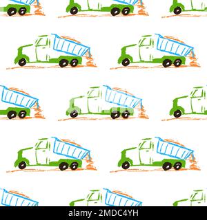 Cars seamless pattern. Dump truck. Children's drawings with wax crayons. Print for cloth design, textile, fabric, wallpaper, wrapping Stock Vector
