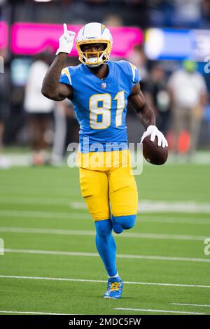 Los Angeles Chargers wide receiver Mike Williams (81) runs a route against  the Kansas City Chiefs during the first half of an NFL football game,  Sunday, Sept. 26, 2021 in Kansas City