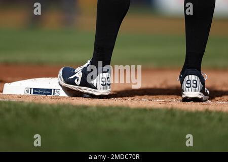 The cleats of New York Yankees' Aaron Judge are viewed during the