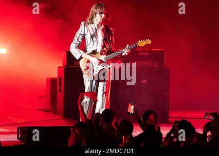 Verona, Italy. 28th Apr, 2022. An Italian rock band of Maneskin on stage during their first italian live performs after the pandemic facts, 28th April 2022 at Arena di Verona in Verona, Italy (Photo by Roberto Tommasini/NurPhoto) Credit: NurPhoto SRL/Alamy Live News Stock Photo