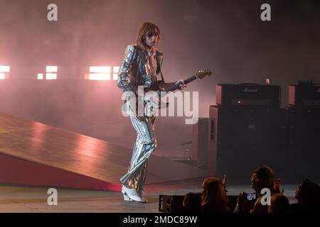 Verona, Italy. 28th Apr, 2022. An Italian rock band of Maneskin on stage during their first italian live performs after the pandemic facts, 28th April 2022 at Arena di Verona in Verona, Italy (Photo by Roberto Tommasini/NurPhoto) Credit: NurPhoto SRL/Alamy Live News Stock Photo