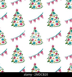 Christmas seamless pattern. Children's drawings with wax crayons. Christmas tree, new year. Print for cloth design, textile, fabric Stock Vector