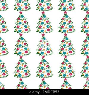 Christmas seamless pattern. Children's drawings with wax crayons. Christmas tree, new year. Print for cloth design Stock Vector