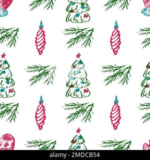 Christmas seamless pattern. Children's drawings with wax crayons. New Year holidays. Print for cloth design, textile, fabric Stock Vector