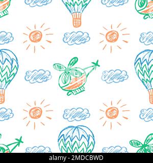 Air transport seamless pattern. Children's drawings with wax crayons. Helicopters, balloons. Print for cloth design, textile, fabric, wallpaper, wrapp Stock Vector