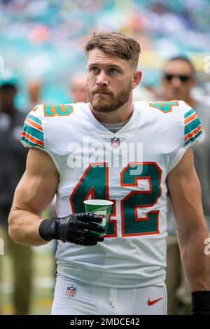 Miami Dolphins defensive back Clayton Fejedelem (42) waits for a play,  during the second half of an NFL football game against the Kansas City  Chiefs, Sunday, Dec. 13, 2020, in Miami Gardens