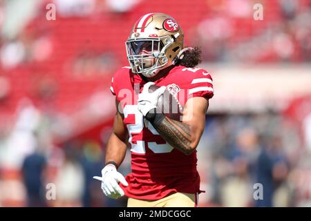 San Francisco 49ers safety Talanoa Hufanga (29) on the sideline during an  NFL wild card playoff football game against the Seattle Seahawks on  Saturday, Jan.14, 2023, in Santa Clara, Calif. (AP Photo/Scot