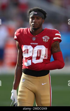 Cornerback (20) Ambry Thomas of the San Francisco 49ers warms up before  playing against the Houston Texans in an NFL football game, Sunday, Jan. 2,  2022, in Santa Clara, CA. 49ers defeated