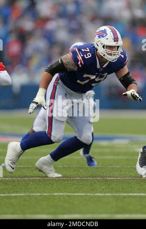 Buffalo Bills tackle Spencer Brown blocks during the second half of an NFL  football game against the New England Patriots in Orchard Park, N.Y.,  Monday, Dec. 6, 2021. (AP Photo/Adrian Kraus Stock