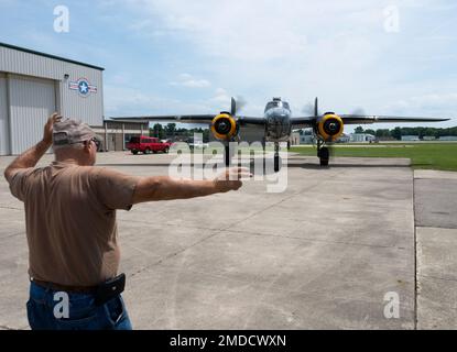 Tom Printz Champaign Aviation Museum volunteer directs the B 25