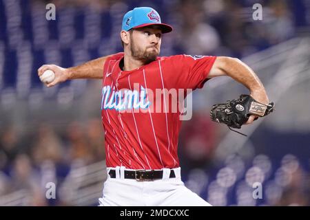 Miami Marlins relief pitcher Zach Pop works against the Colorado Rockies  during the fifth inning of a baseball game Saturday, Aug. 7, 2021, in  Denver. (AP Photo/David Zalubowski Stock Photo - Alamy