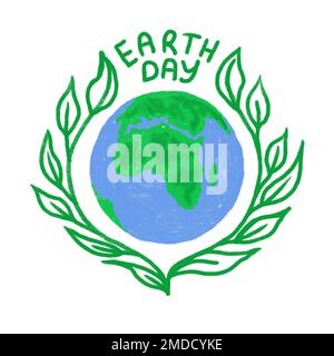 Hand drawn illustration of Earth Day globe planet ecology protection. Blue green sphere with ocean land, ecological environmental concept, pollution icon symbol, cartoon style modern poster Stock Photo