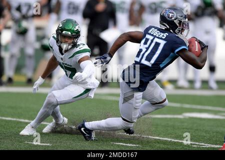 Tennessee Titans wide receiver Chester Rogers (80) makes a move to get by New  York Jets cornerback Isaiah Dunn during the second half of an NFL football  game, Sunday, Oct. 3, 2021