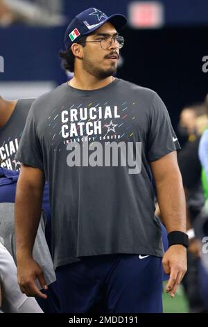 Dallas Cowboys offensive tackle Isaac Alarcon (60) runs onto the