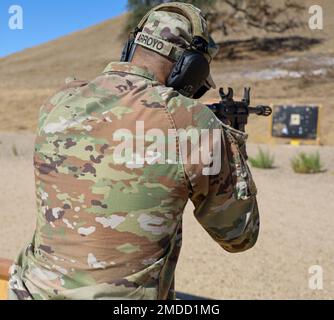 Our friends from the 870th MP Company did some work at the range on shotguns. Soldiers shot the M26-Modular Accessory Shotgun System on 16 July 2022 at Camp Roberts. SPC Arron Adams, SGT Brett Kaufman, and SGT Adrian Arroyo show the ins and outs of this weapon and being the spotters for the other Soldiers at Camp Roberts, CA July 16, 2022. Stock Photo