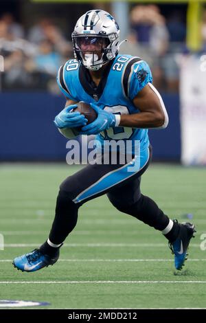 Carolina Panthers running back Rodney Smith (20) runs off the field against  the New York Giants during an NFL football game, Sunday, Oct. 24, 2021, in  East Rutherford, N.J. (AP Photo/Adam Hunger