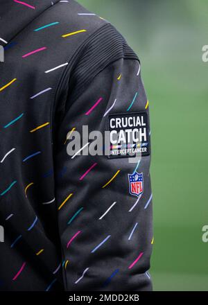 Dallas Cowboys cornerback Maurice Canady wears a Crucial Catch hoodie  during warm ups before an NFL football game against the Carolina Panthers,  Sunday, Oct. 3, 2021, in Arlington, Texas. Dallas won 36-28. (