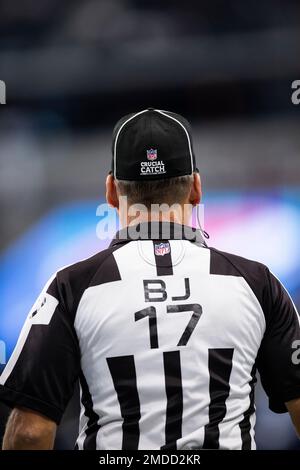 Back Judge Steve Patrick wears a Crucial Catch hat during an NFL football  game between the Carolina Panthers and Dallas Cowboys, Sunday, Oct. 3, 2021,  in Arlington, Texas. Dallas won 36-28. (AP