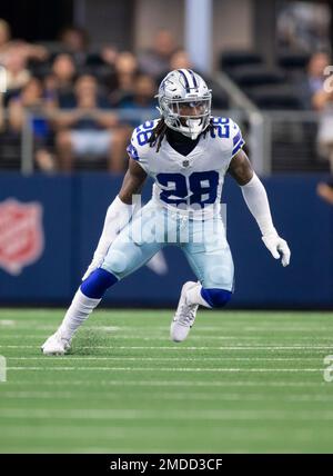 Safety (28) Malik Hooker of the Dallas Cowboys warms up before playing  against the Los Angeles Rams in an NFL football game, Sunday, Oct. 9, 2022,  in Inglewood, Calif. Cowboys won 22-10. (