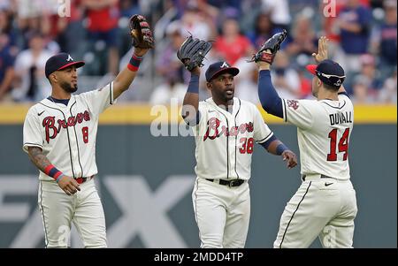 ATLANTA, GA – APRIL 28: Atlanta outfielders Guillermo Heredia (38), Ronald  Acuna Jr. (13), and Marcell Ozuna (20) strike a selfie pose following the  last out of the game during the MLB