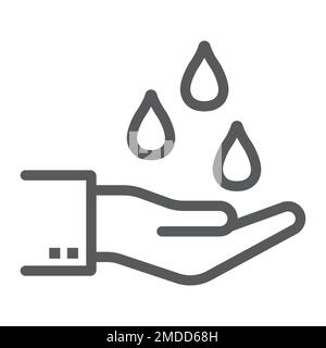 Water drops in hand line icon, ecology and save water, purfied water sign, vector graphics, a linear pattern on a white background, eps 10. Stock Vector