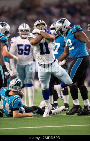 Dallas Cowboys linebacker Micah Parsons (11) celebrates sacking Carolina  Panthers quarterback Sam Darnold (14) during an NFL football game, Sunday,  Oct. 3, 2021, in Arlington, Texas. Dallas won 36-28. (AP Photo/Brandon Wade  Stock Photo - Alamy