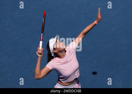 Melbourne, Australia. 23rd Jan, 2023. Donna Vekic of Croatia in action during round 4 match between Donna Vekic of Croatia and Linda Fruhvirtova of Czech Republic Day 8 at the Australian Open Tennis 2023 at Margaret Court Arena, Melbourne, Australia on 23 January 2023. Photo by Peter Dovgan. Editorial use only, license required for commercial use. No use in betting, games or a single club/league/player publications. Credit: UK Sports Pics Ltd/Alamy Live News Stock Photo