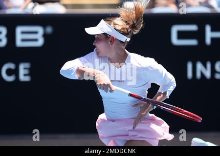 Melbourne, Australia. 23rd Jan, 2023. Donna Vekic of Croatia in action during round 4 match between Donna Vekic of Croatia and Linda Fruhvirtova of Czech Republic Day 8 at the Australian Open Tennis 2023 at Margaret Court Arena, Melbourne, Australia on 23 January 2023. Photo by Peter Dovgan. Editorial use only, license required for commercial use. No use in betting, games or a single club/league/player publications. Credit: UK Sports Pics Ltd/Alamy Live News Stock Photo