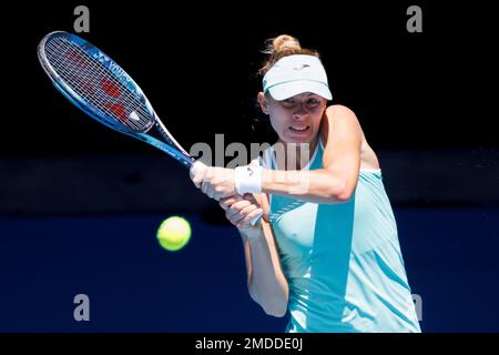 Melbourne, Australia. 23rd Jan, 2023. MAGDA LINETTE of Poland in action against 4th seed CAROLINE GARCIA of France on Rod Laver Arena in a Women's Singles 4th round match on day 8 of the 2023 Australian Open in Melbourne, Australia. Sydney Low/Cal Sport Media/Alamy Live News Stock Photo