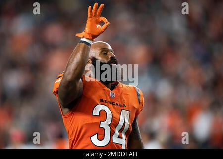 Cincinnati Bengals running back Samaje Perine (34) runs for the play during  an NFL football game against the San Francisco 49ers, Sunday, Dec. 12,  2021, in Cincinnati. (AP Photo/Emilee Chinn Stock Photo - Alamy