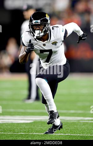 November 14, 2021: Jacksonville Jaguars wide receiver Tavon Austin (7) and  Indianapolis Colts running back Nyheim Hines (21) hug during pregame of NFL  football game action between the Jacksonville Jaguars and the