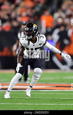 Jacksonville Jaguars cornerback Tre Herndon (37) lines up for a play during  an NFL preseason football game against the Las Vegas Raiders, Thursday,  Aug. 4, 2022, in Canton, Ohio. (AP Photo/Kirk Irwin