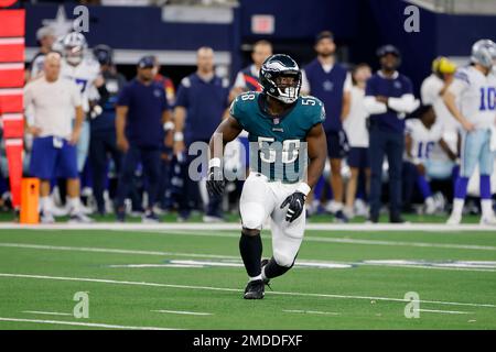 Philadelphia Eagles linebacker Eric Wilson (50) removes his helmet before  an NFL football game against the Atlanta Falcons, Sunday, Sep. 12, 2021, in  Atlanta. The Philadelphia Eagles won 32-6. (AP Photo/Danny Karnik