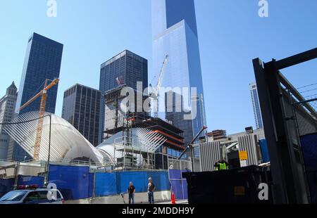 Construction of the Westfield World Trade Center shopping mall aka Oculus next to the One World Trade Center in Lower Manhattan at 185 Greenwich St. Stock Photo